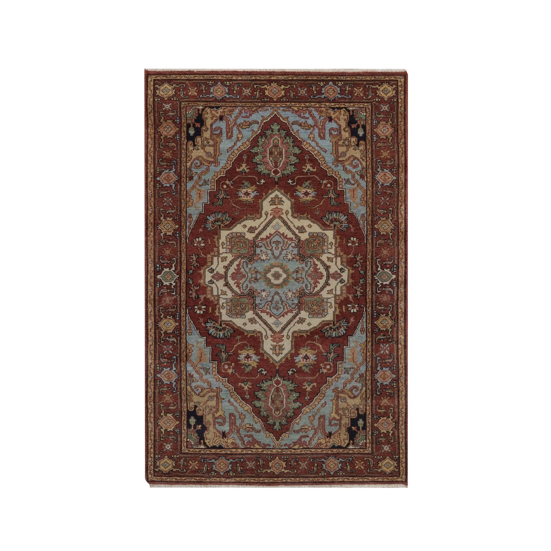 3'1"x5'1" Brick Red, Antiqued Fine Heriz Re-Creation with Medallion Design, Hand Spun New Zealand Wool, Hand Knotted, Denser Weave, Vegetable Dyes, Oriental Rug 